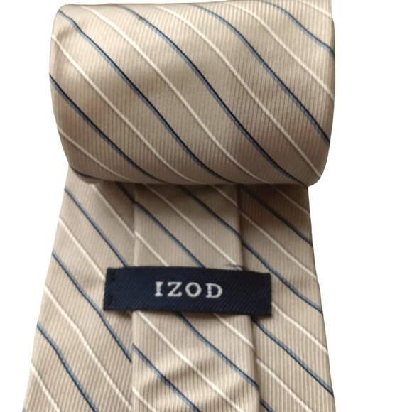 IZOD Mens Neck Tie Diagonal Striped 100% Silk Beige Business Job Interview Event - Picture 1 of 6
